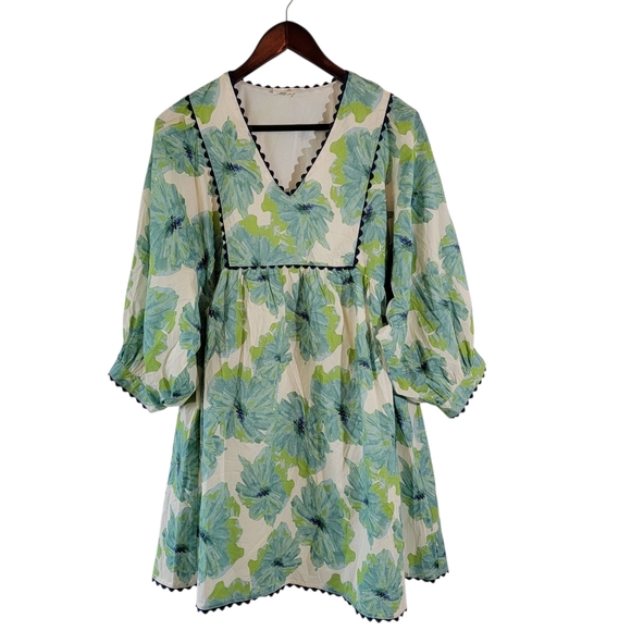Anthropologie Entro Green White Floral Babydoll Dress Sz M Coastal Cowgirl Chic - Picture 7 of 15